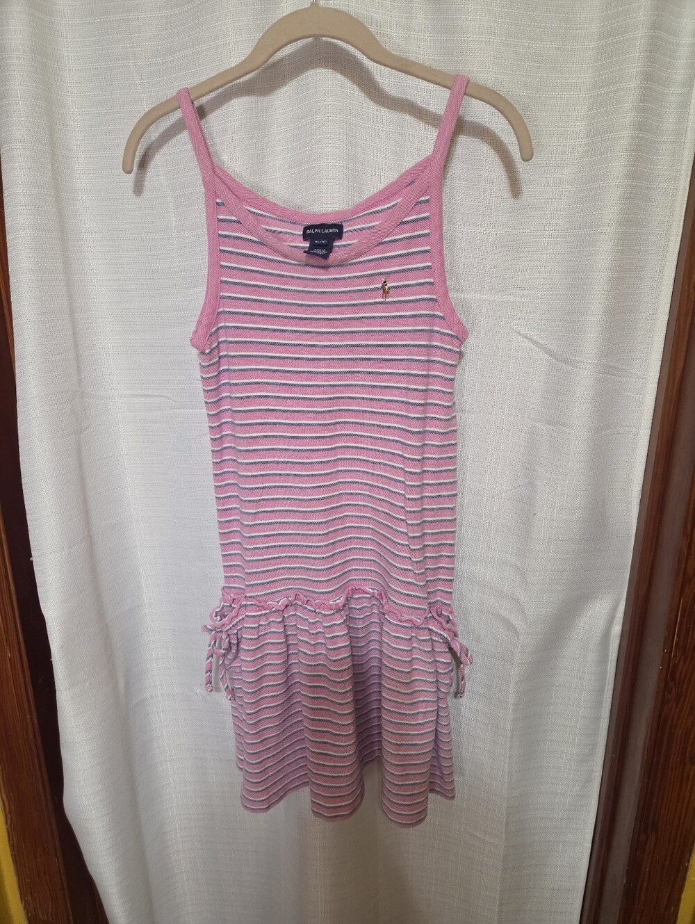 Ralph Lauren Girl’s XL 16 Tank Dress Summer Polo Mesh Striped Pink Blue White